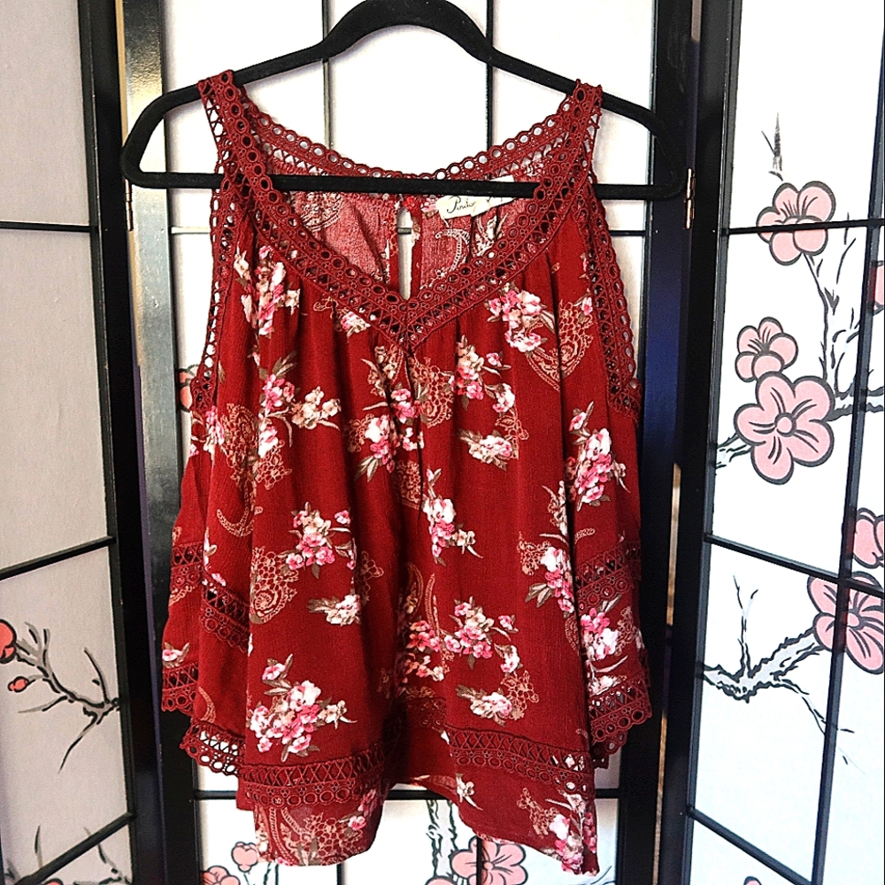 Penelope Project Off Shoulder Red Floral Ruffle Blouse Size Medium
